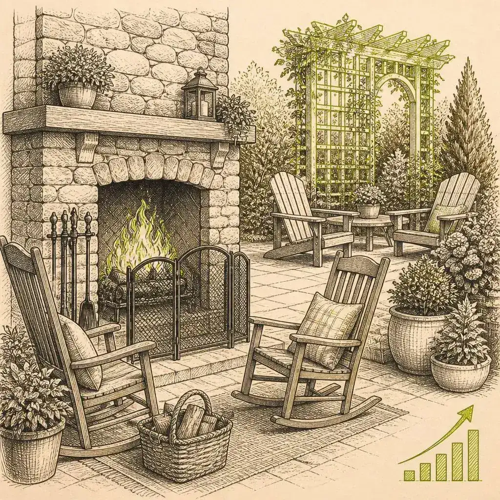 Pen-and-ink sketch of a stone fireplace hearth and garden patio furniture with a rising lime growth line representing Plow & Hearth ecommerce PPC growth